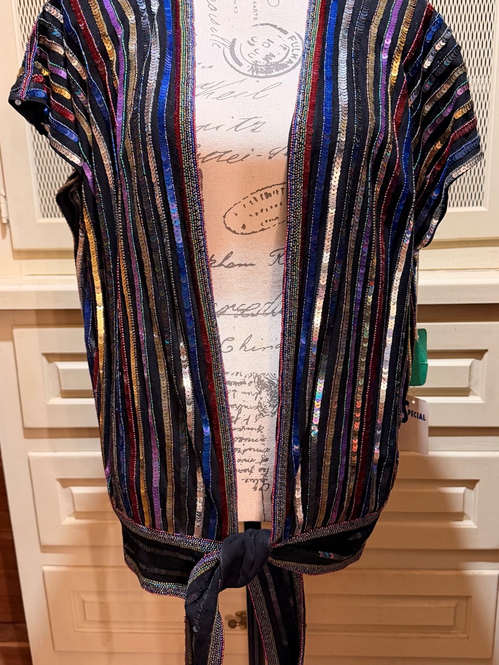 NWT Vintage Judith Ann Creations Hand Sequined Leather Jacket Rainbow Stripe S